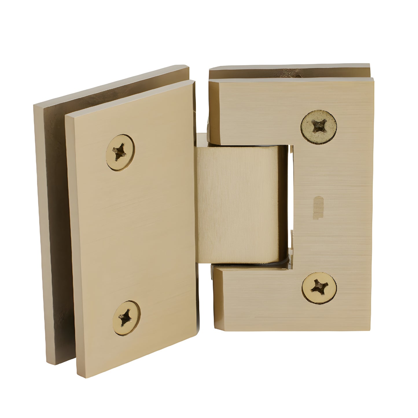 Brushed bronze Geneva glass-to-glass shower hinge, solid brass, square profile, 135 self-centering.