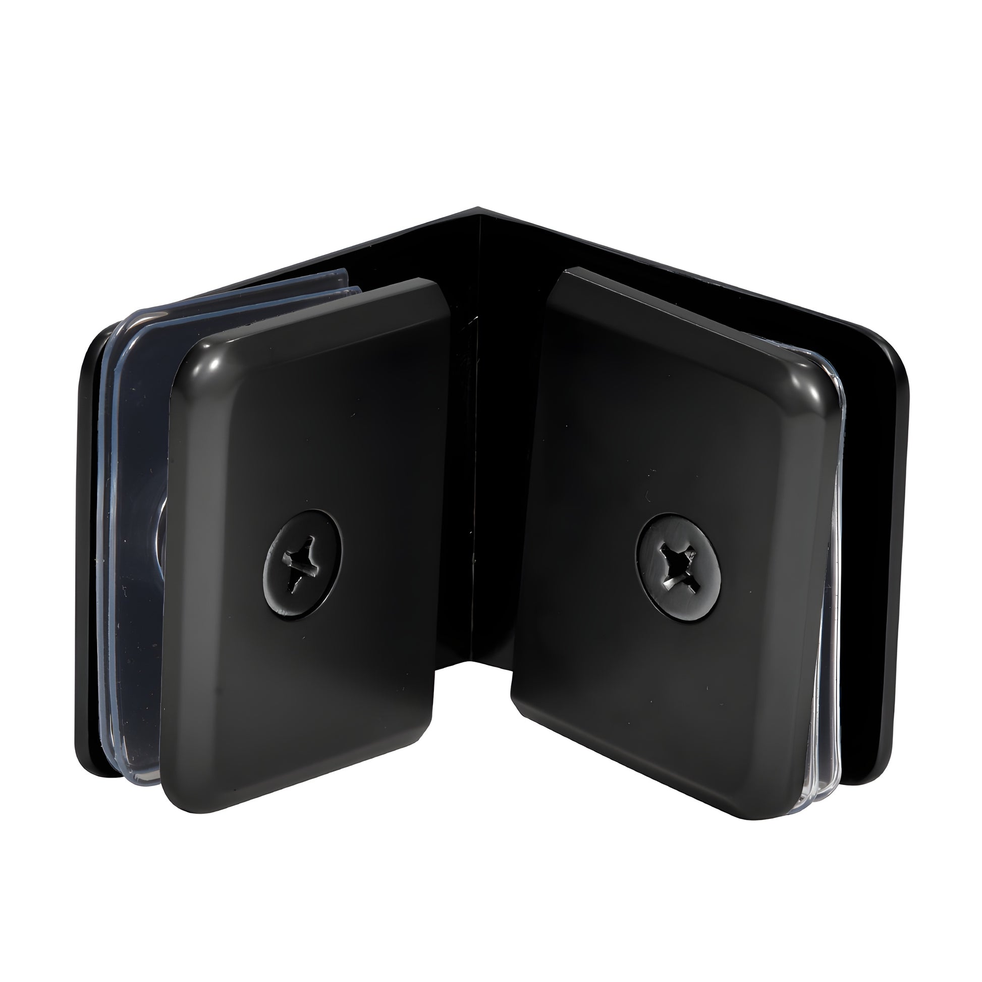 Matte black beveled 90 brass glass-to-glass clamp for 3/8-1/2" shower glass (SKU: BGC90MBL)