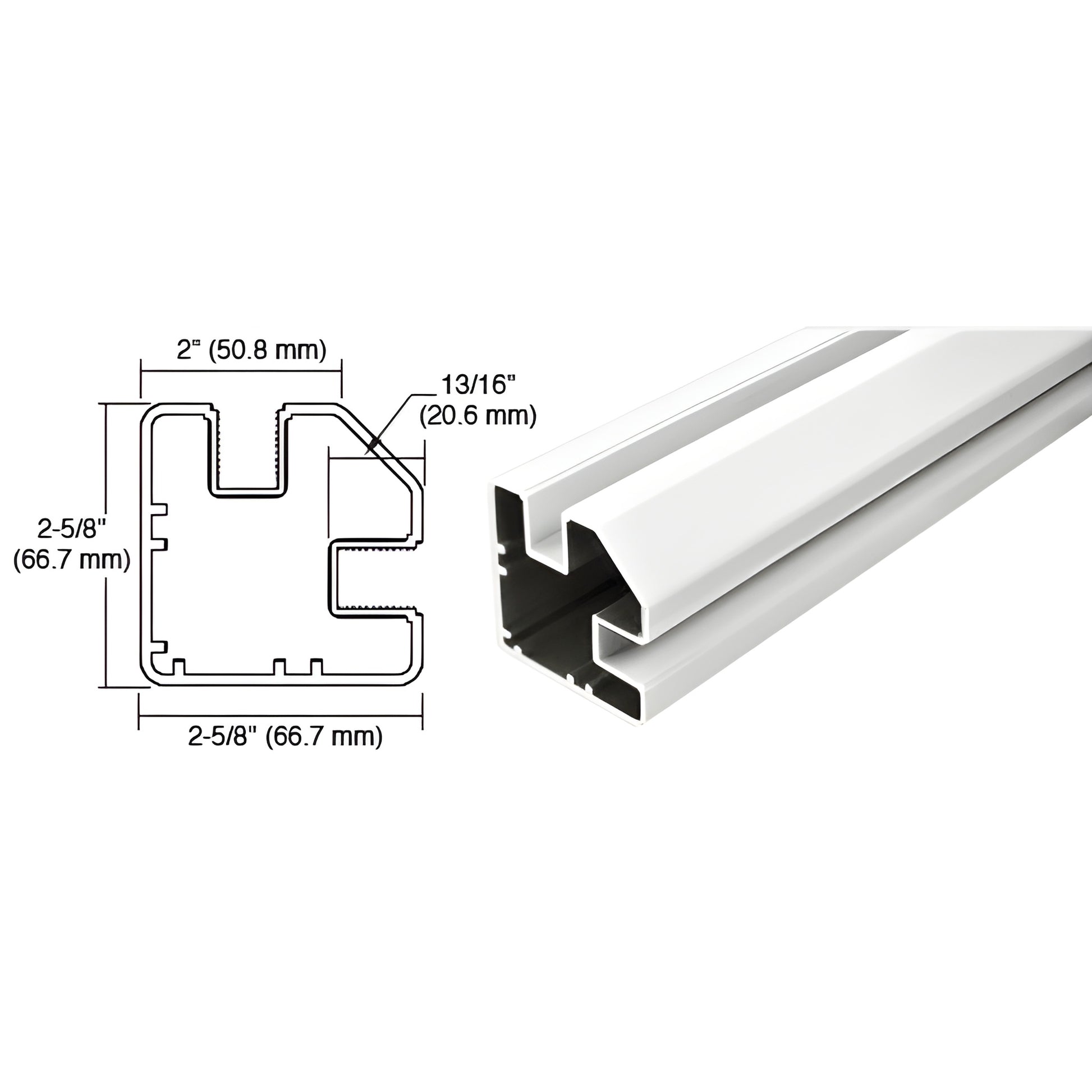 SP972W Sky White aluminum windscreen post, square profile with dimensions (2 5/8" W, 2" H, 72" L) and cross section diagram.