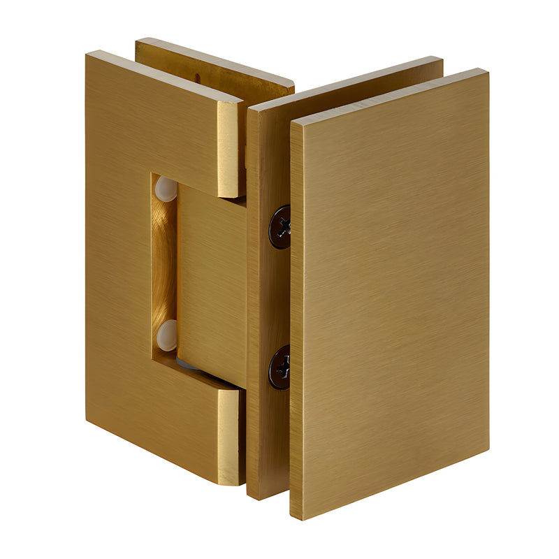 GEN092SB Geneva satin-brass square-profile glass-to-glass shower hinge, solid brass, self-centering, fits 8-12mm glass.