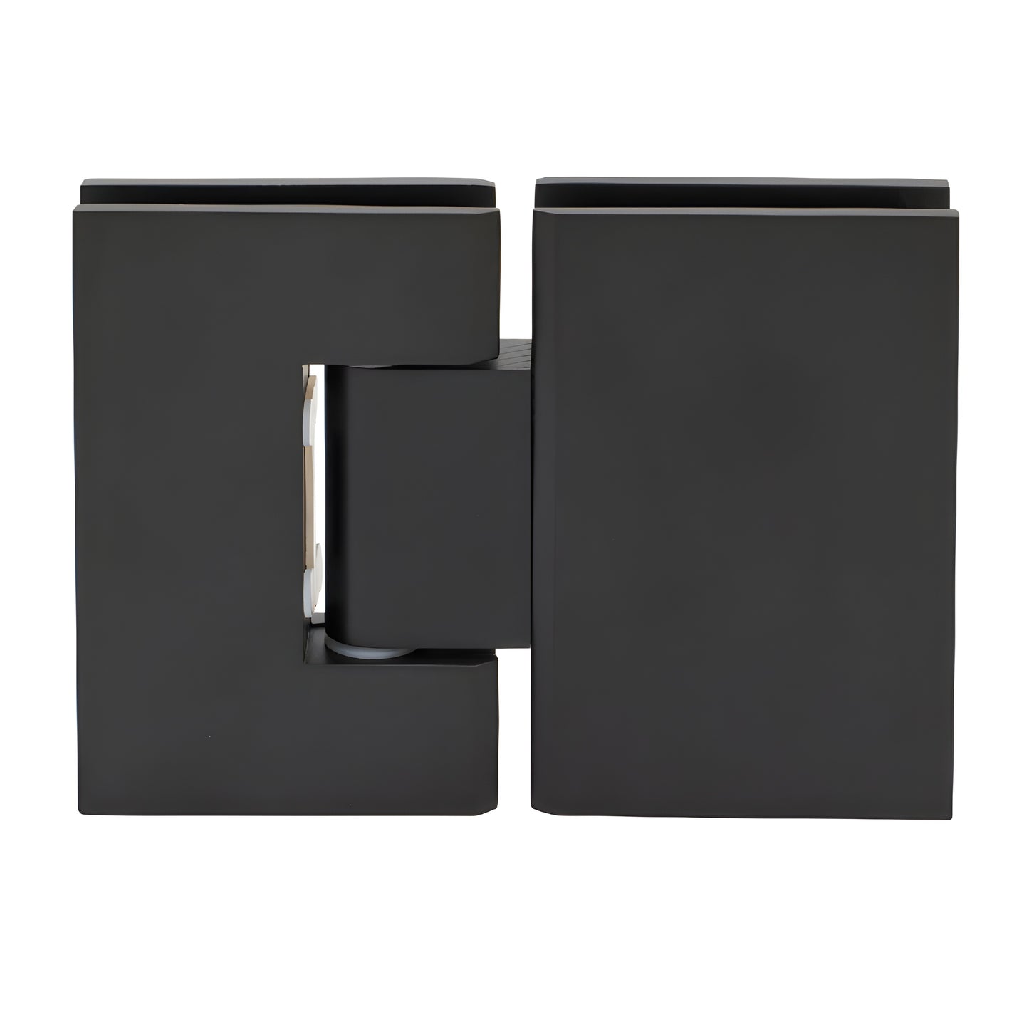Matte black solid brass 180 glass-to-glass shower hinge MEL180MBL, square profile, self-centering.