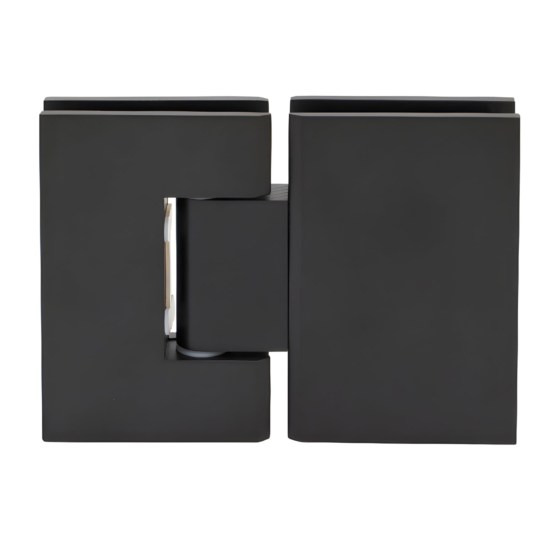 Matte black solid brass 180 glass-to-glass shower hinge MEL180MBL, square profile, self-centering.