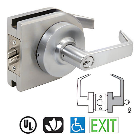LH70BS brushed stainless round cover lever lock housing for 3/8-1/2" glass commercial doors, reversible low-profile