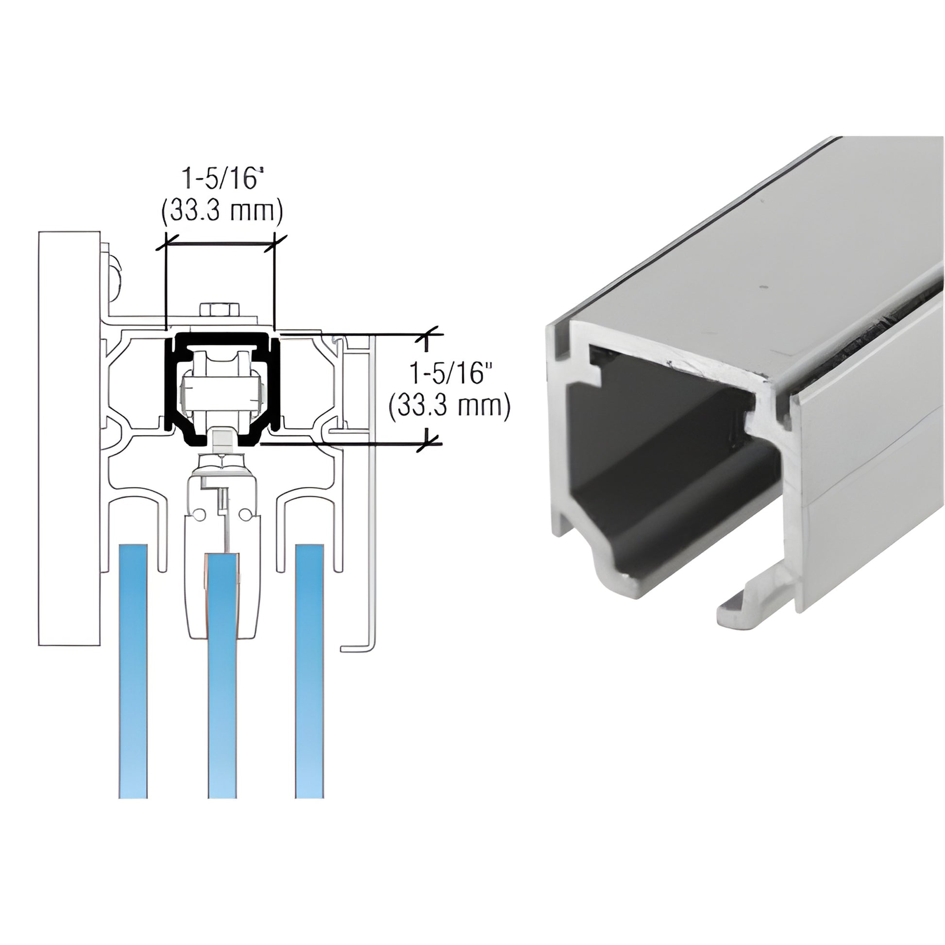 CRL3951A satin-anodized aluminum 118 in. top track for sliding doors, Softbrake compatible, pre-drilled.