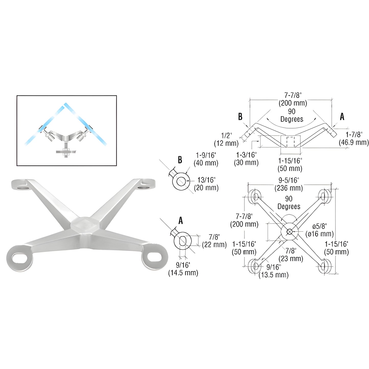 Stainless steel CRL four-arm corner fitting (SKU PMH490BS) for 90 glass panels, shown with dimensions and mount stud.