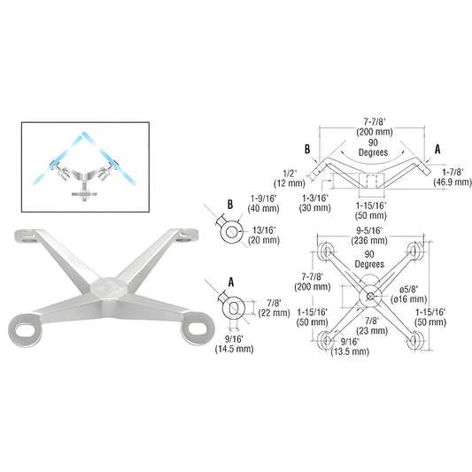 Stainless steel CRL four-arm corner fitting (SKU PMH490BS) for 90 glass panels, shown with dimensions and mount stud.