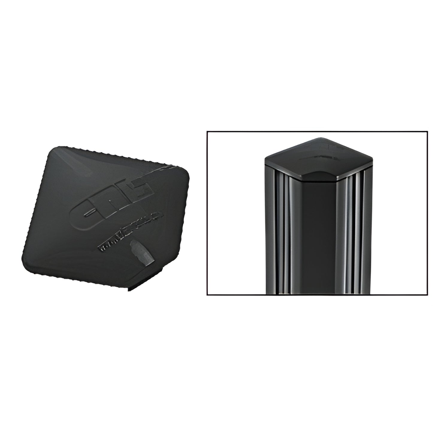 Matte black rectangular aluminum post top cap (PC9SBL), shown loose and fitted on a post; slips in and secures with silicone.
