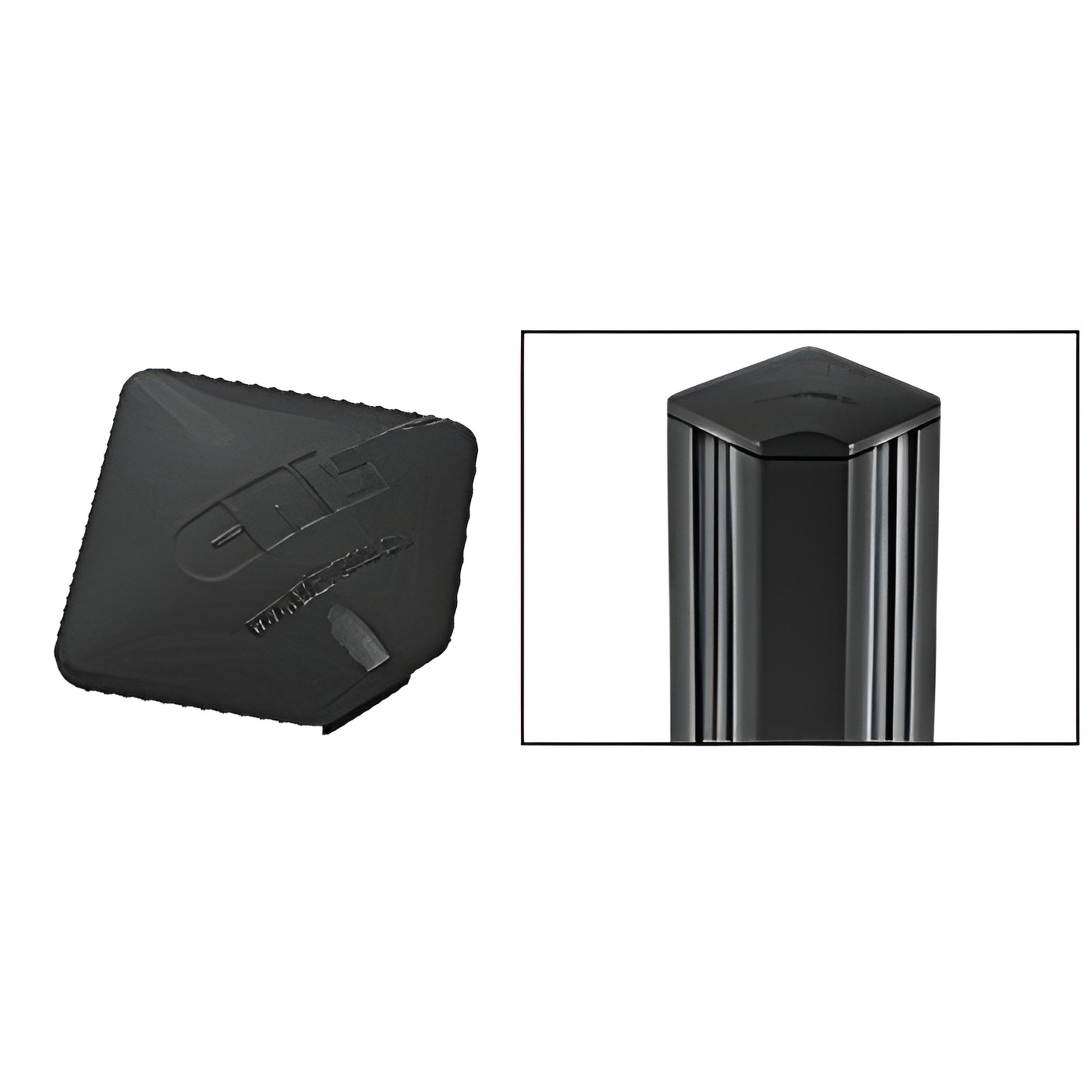 Matte black rectangular aluminum post top cap (PC9SBL), shown loose and fitted on a post; slips in and secures with silicone.