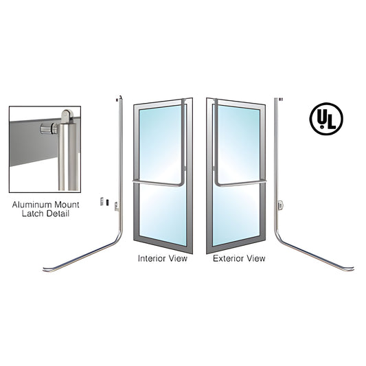 Brushed stainless aluminum panic handle BP100D3AKBS for 1/2" and 3/4" tempered glass doors, interior and exterior views.