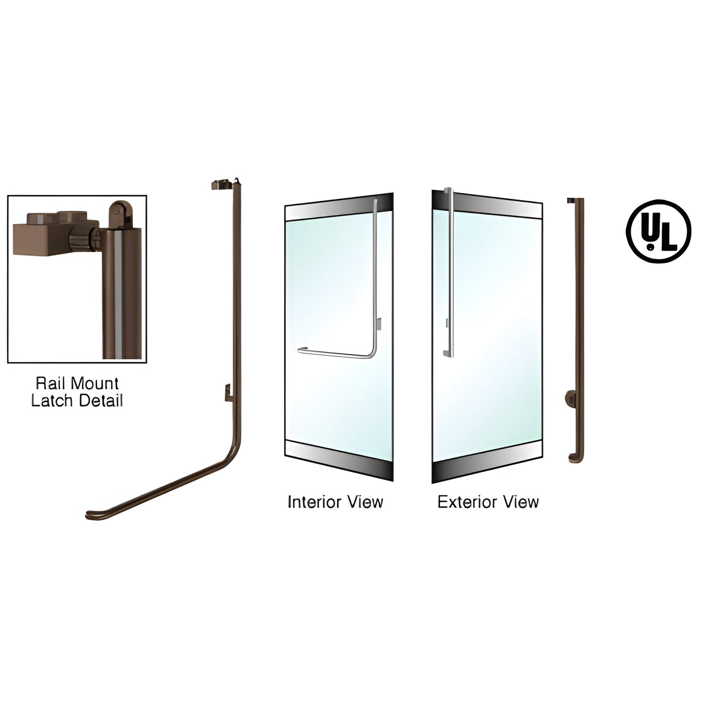 Oil-rubbed bronze PA100 tubular panic handle, rail-mount latch, 1-1/4" tube for glass doors - interior push bar, exterior key