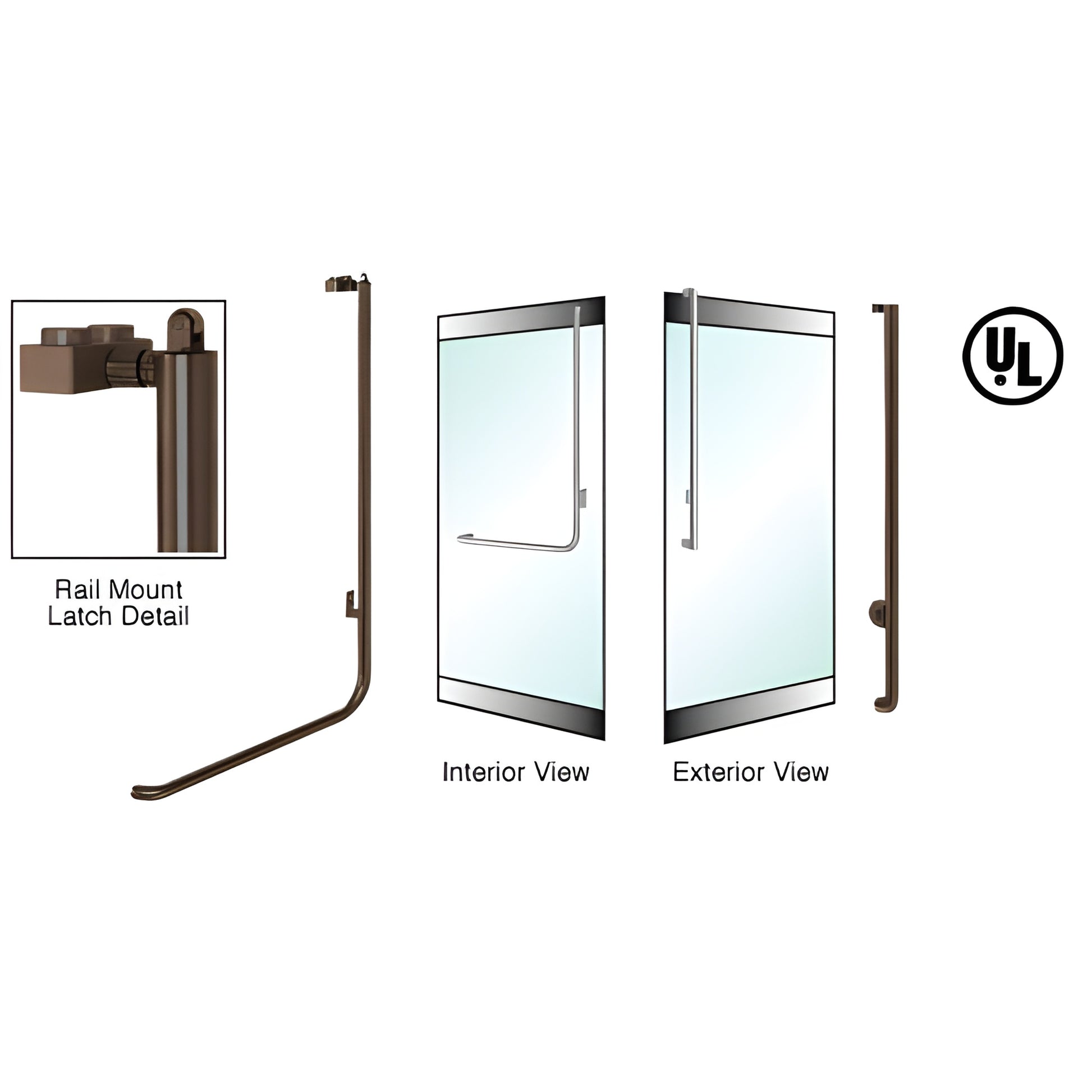 Oil-rubbed bronze PA100 tubular panic handle, rail-mount latch, 1-1/4" tube for glass doors - interior push bar, exterior key
