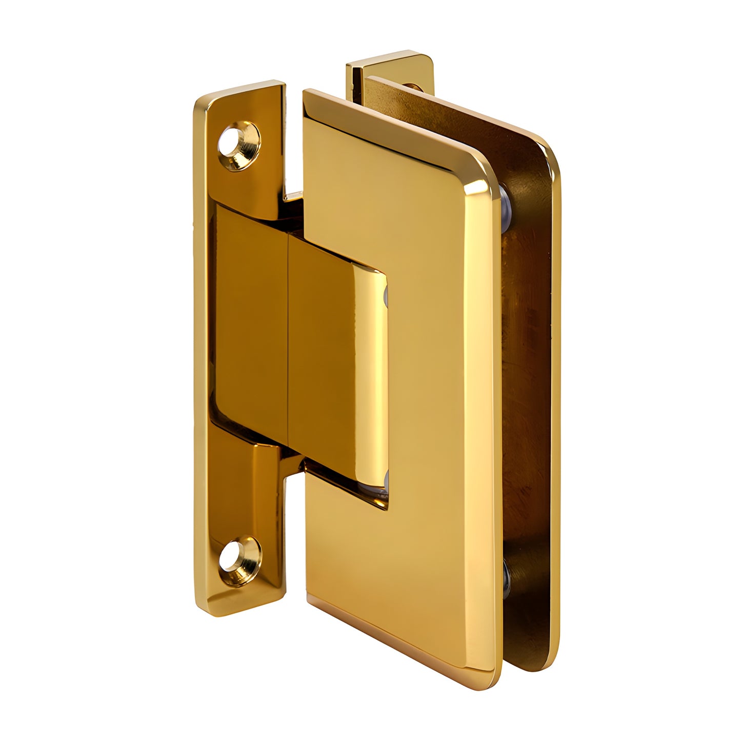 Unlacquered brass beveled shower hinge (Cologne), wall-mount H back plate, fits 10-12mm glass, gold finish.