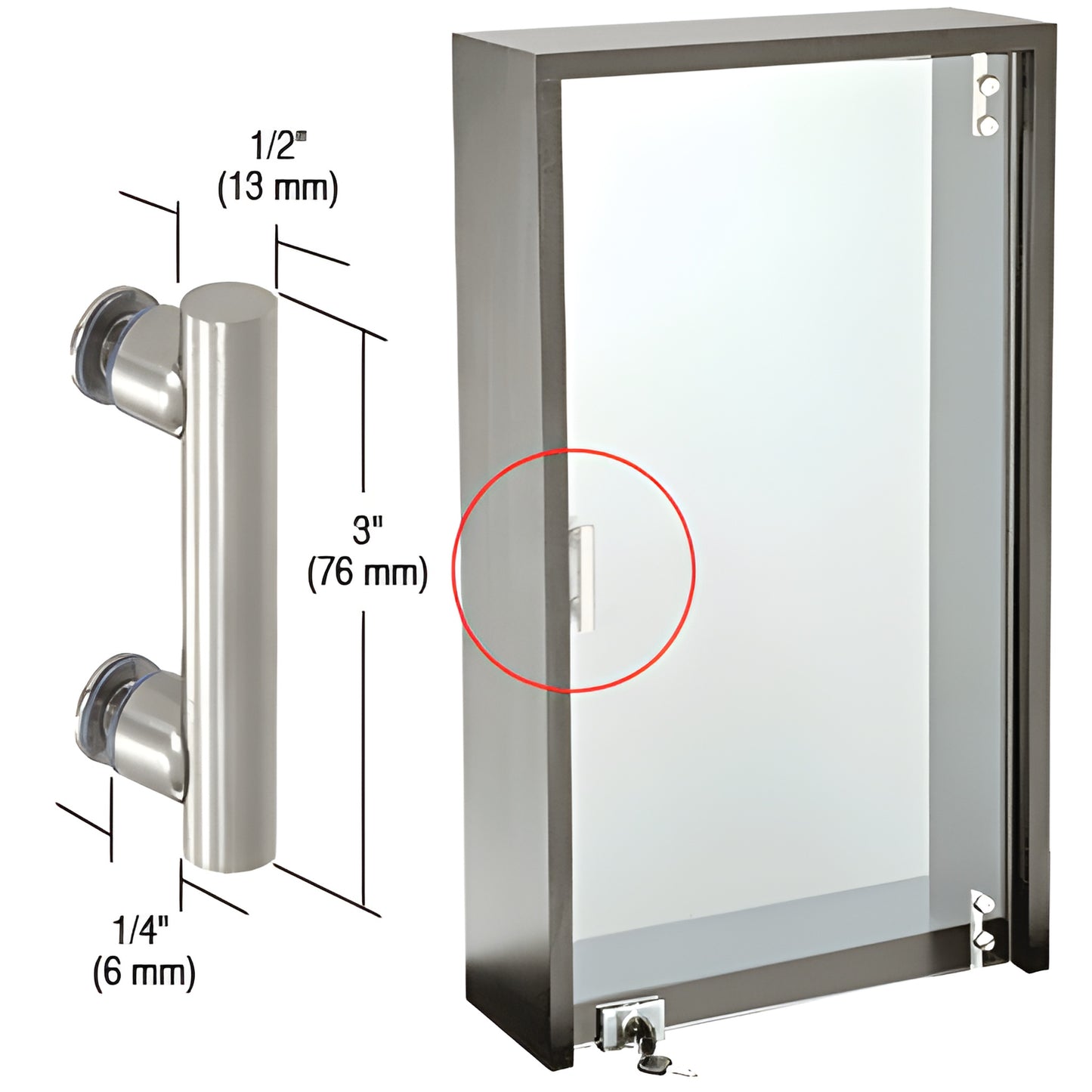 Brushed stainless steel round cabinet door pull (SKU 12PVP), 1/2" dia x 3" long, fits 3/16-1/4" glass