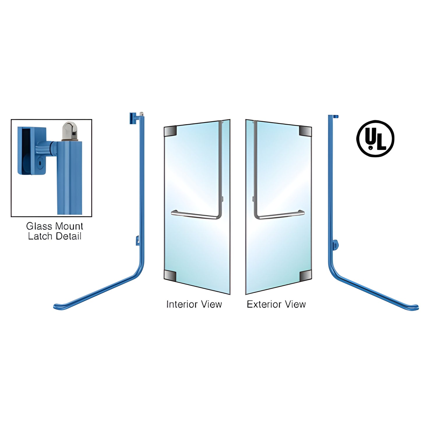 PA100D3GKPT tubular panic push bar for 1/2 in glass doors, right-hand reverse, stainless steel, powder-coated finish