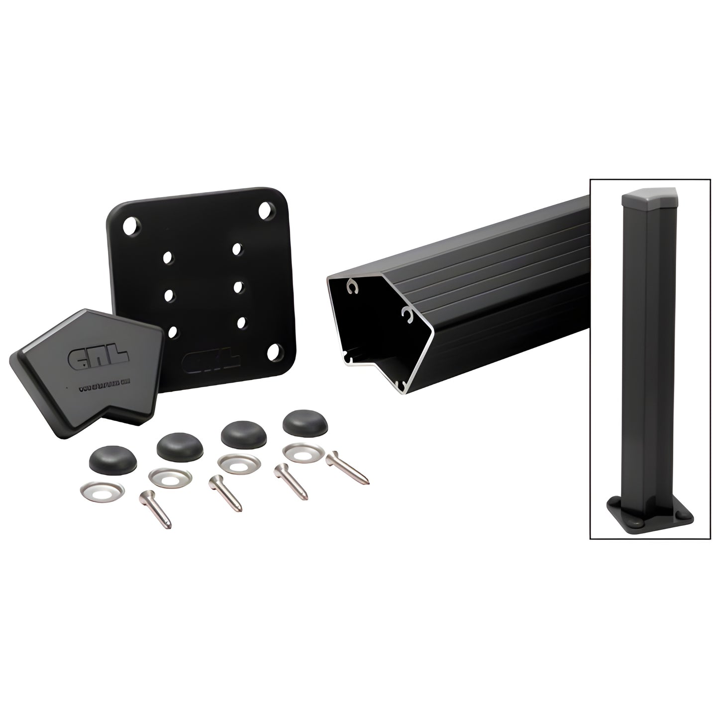 CRL 135 aluminum post kit (SKU 1P542KBL) matte black - post, base plate, cap, gasket, screws, washers and bolt covers