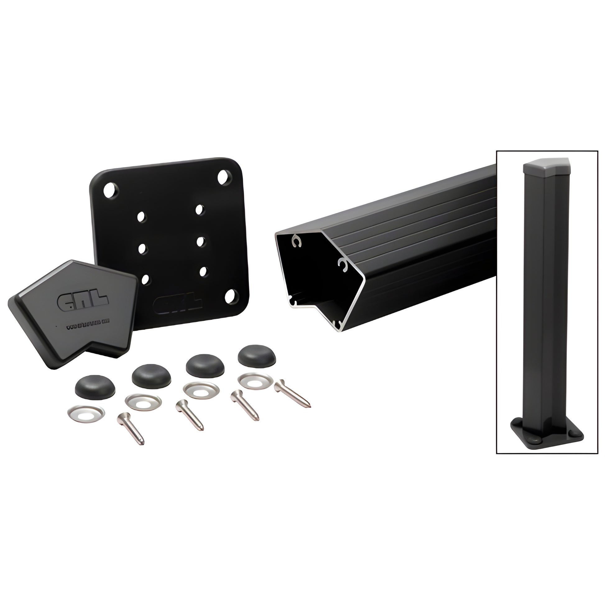 CRL 135 aluminum post kit (SKU 1P542KBL) matte black - post, base plate, cap, gasket, screws, washers and bolt covers