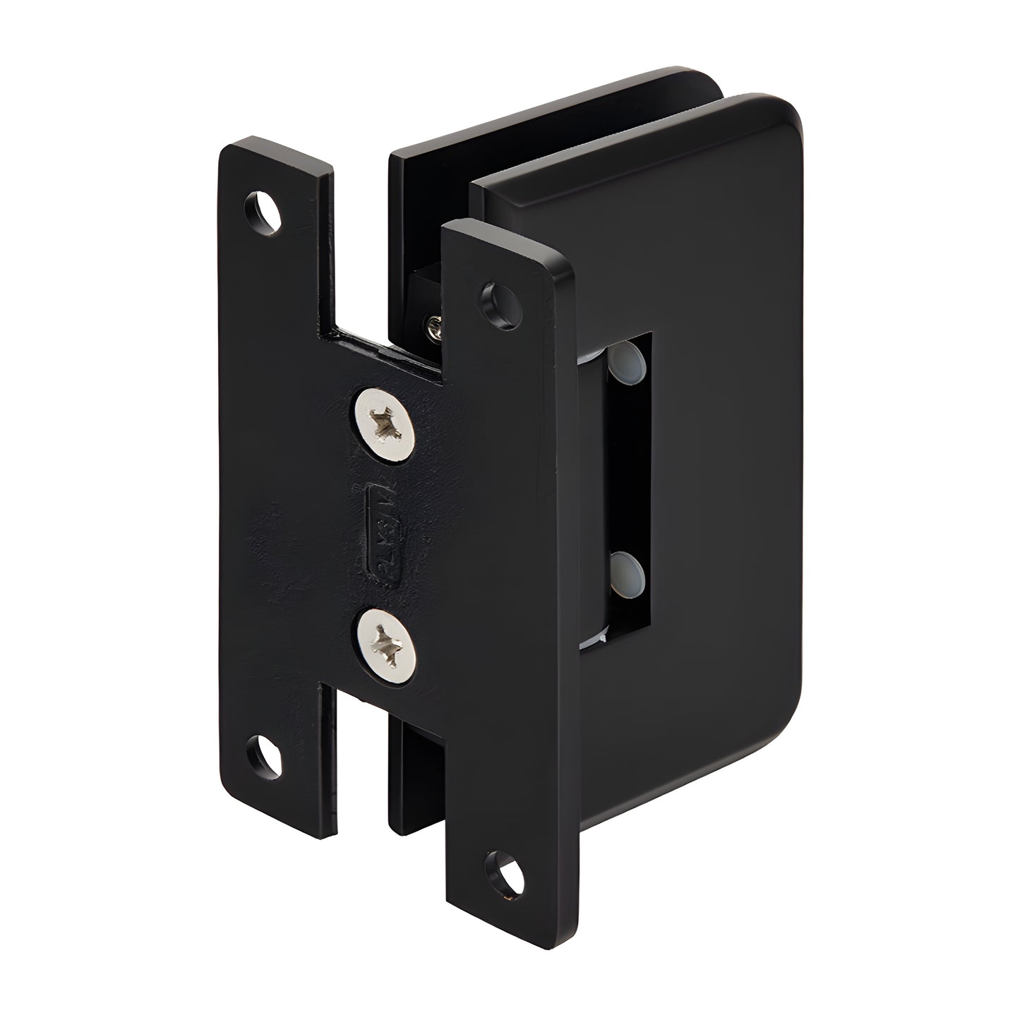 Matte black Plymouth frameless shower door hinge, solid brass wall-mount for 3/8-1/2" glass (SKU PLY037MBL)