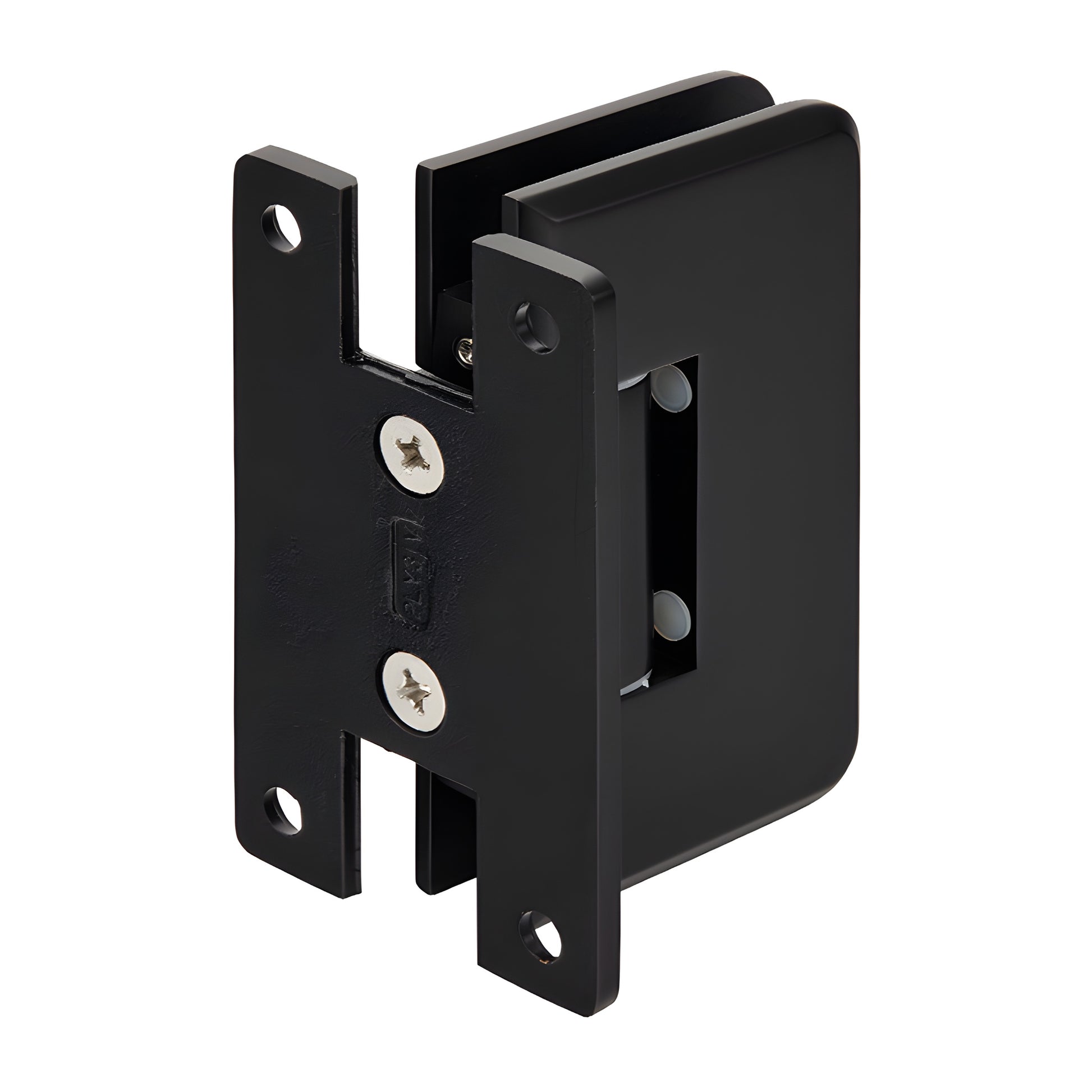 Matte black Plymouth frameless shower door hinge, solid brass wall-mount for 3/8-1/2" glass (SKU PLY037MBL)