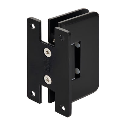 Matte black Plymouth frameless shower door hinge, solid brass wall-mount for 3/8-1/2" glass (SKU PLY037MBL)