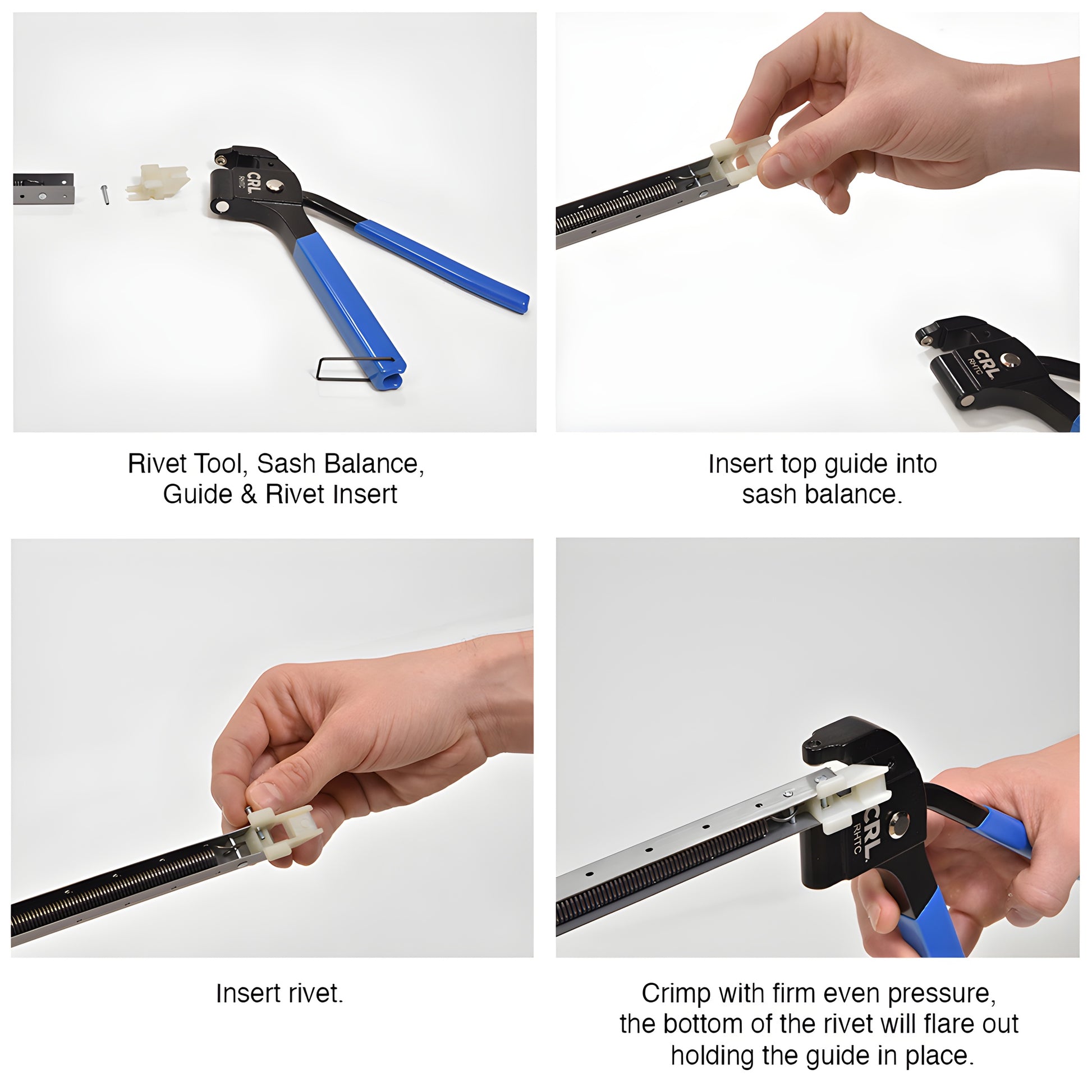 CRL RHTC sash balance hand rivet squeezer with blue comfort grips and black steel head for FS261 and common rivets