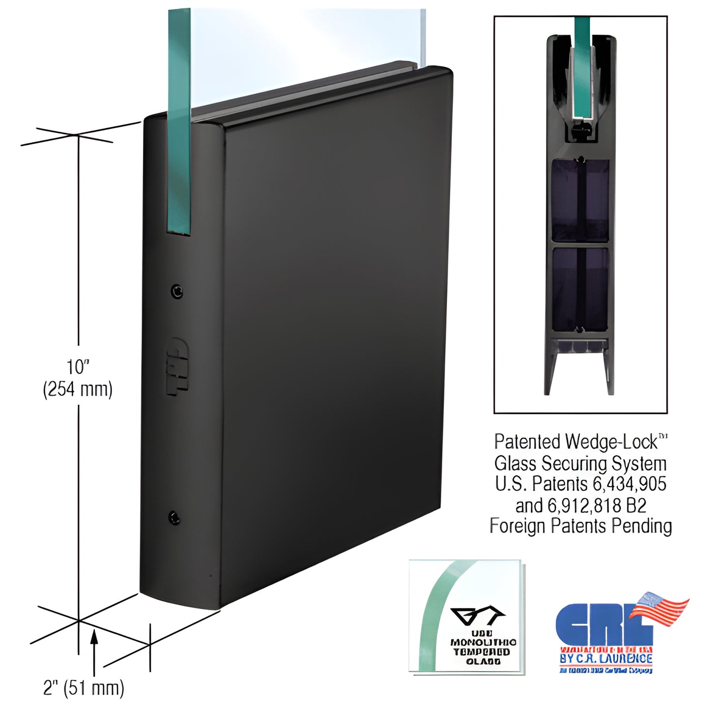 Gloss black aluminum 10in square door rail (2in) for 1/2" glass with patented Wedge-Lock system