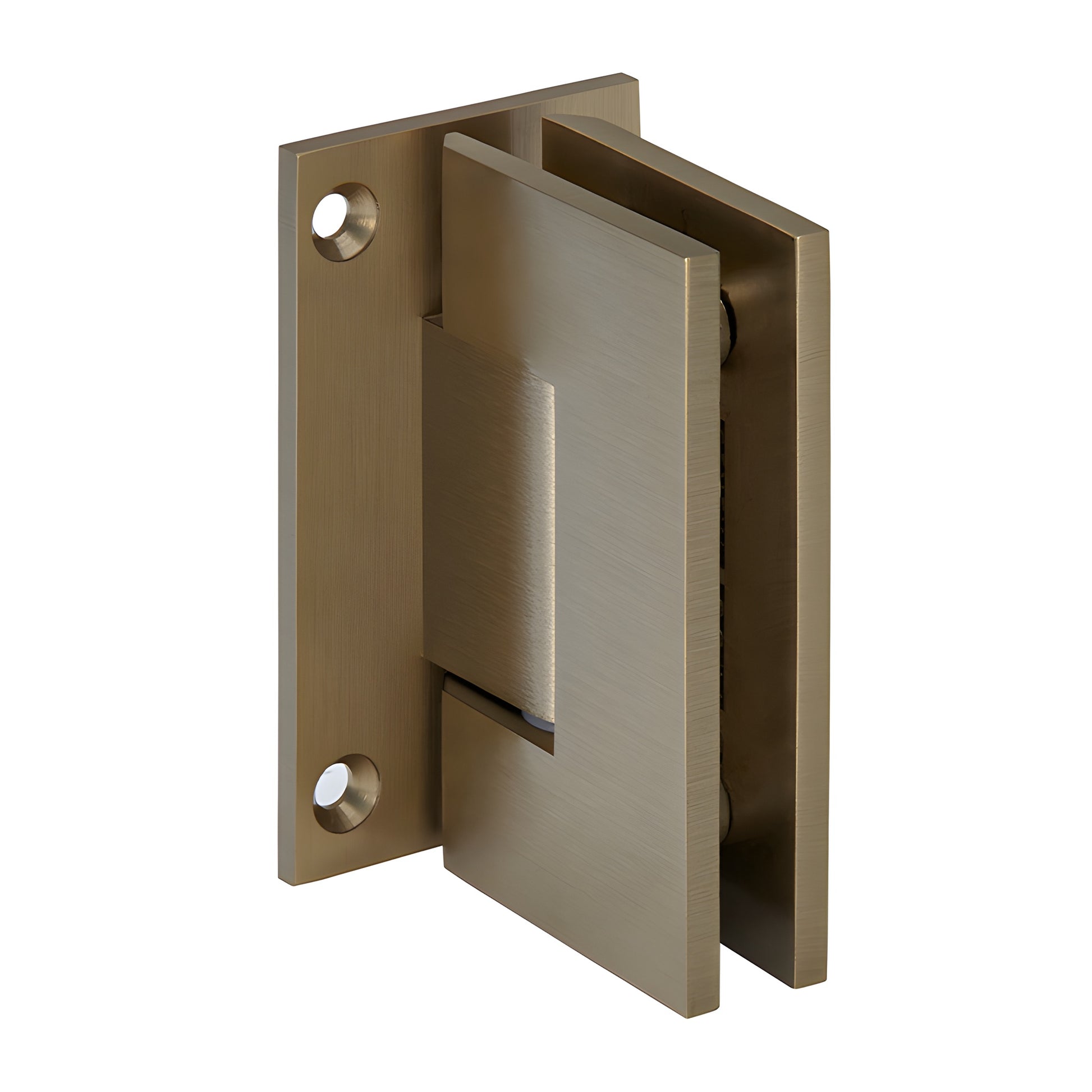 Brushed bronze brass Geneva shower door hinge, wall-mount full back plate, fits 8-12mm glass (SKU GEN037BBRZ)