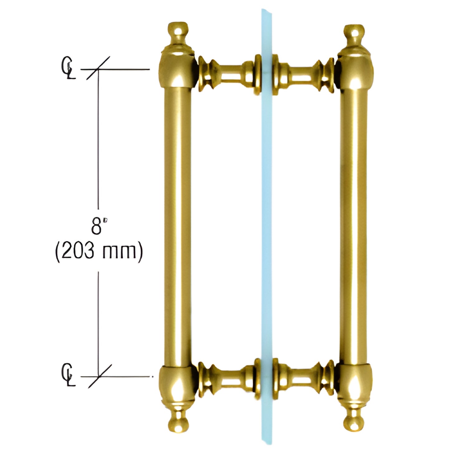 Polished brass Colonial back-to-back shower pull handle, tubular 3/4" x 8" C-C, fits 6-12 mm tempered glass