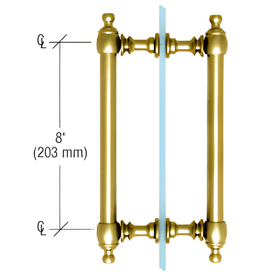 Polished brass Colonial back-to-back shower pull handle, tubular 3/4" x 8" C-C, fits 6-12 mm tempered glass