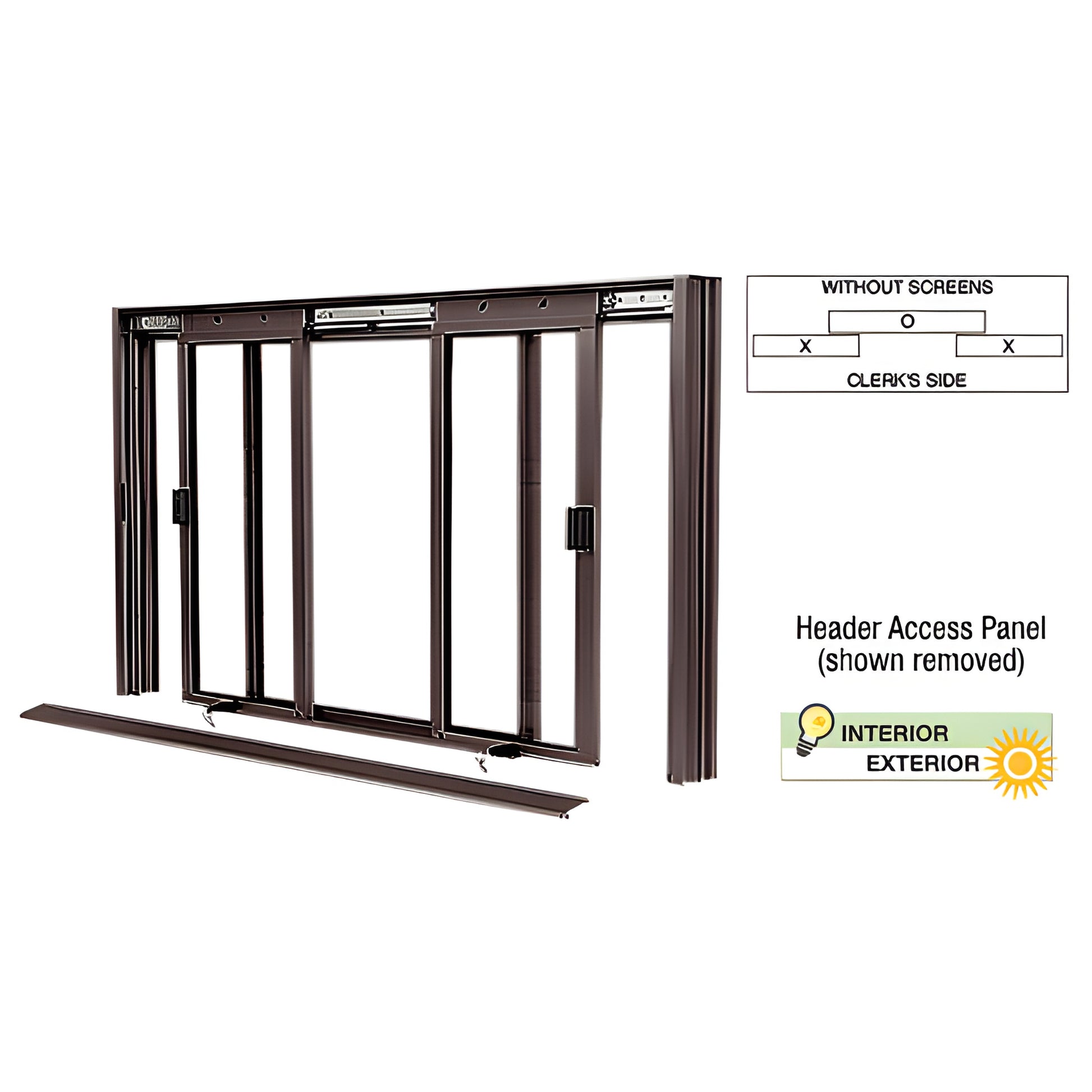 DW5000DU bronze three-panel manual deluxe sliding service window (XOX) with two sliding panes and center fixed wide panel