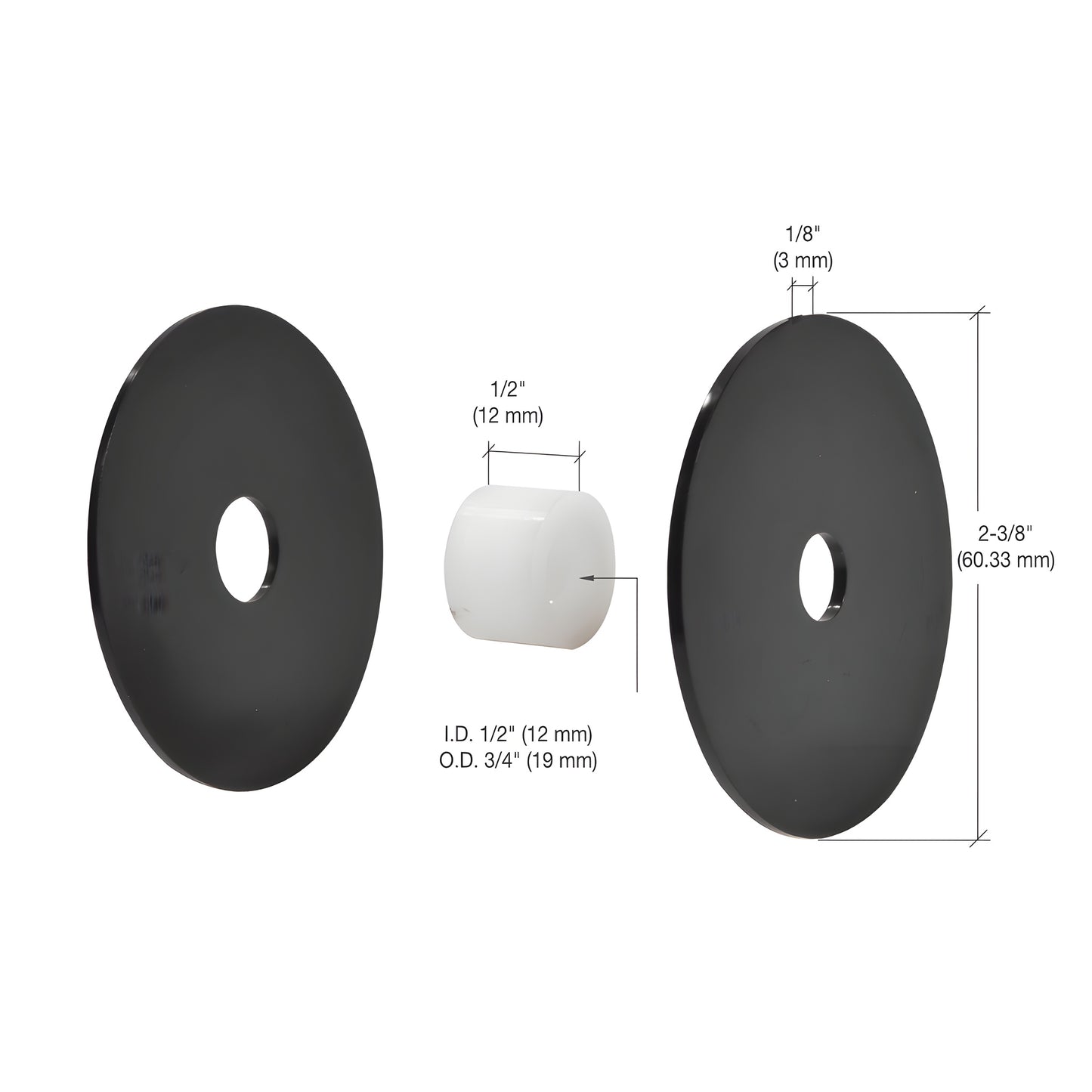 RS0BRG2 gasket set: two black 60mm plastic washers and one white soft-plastic grommet for standoff railing.