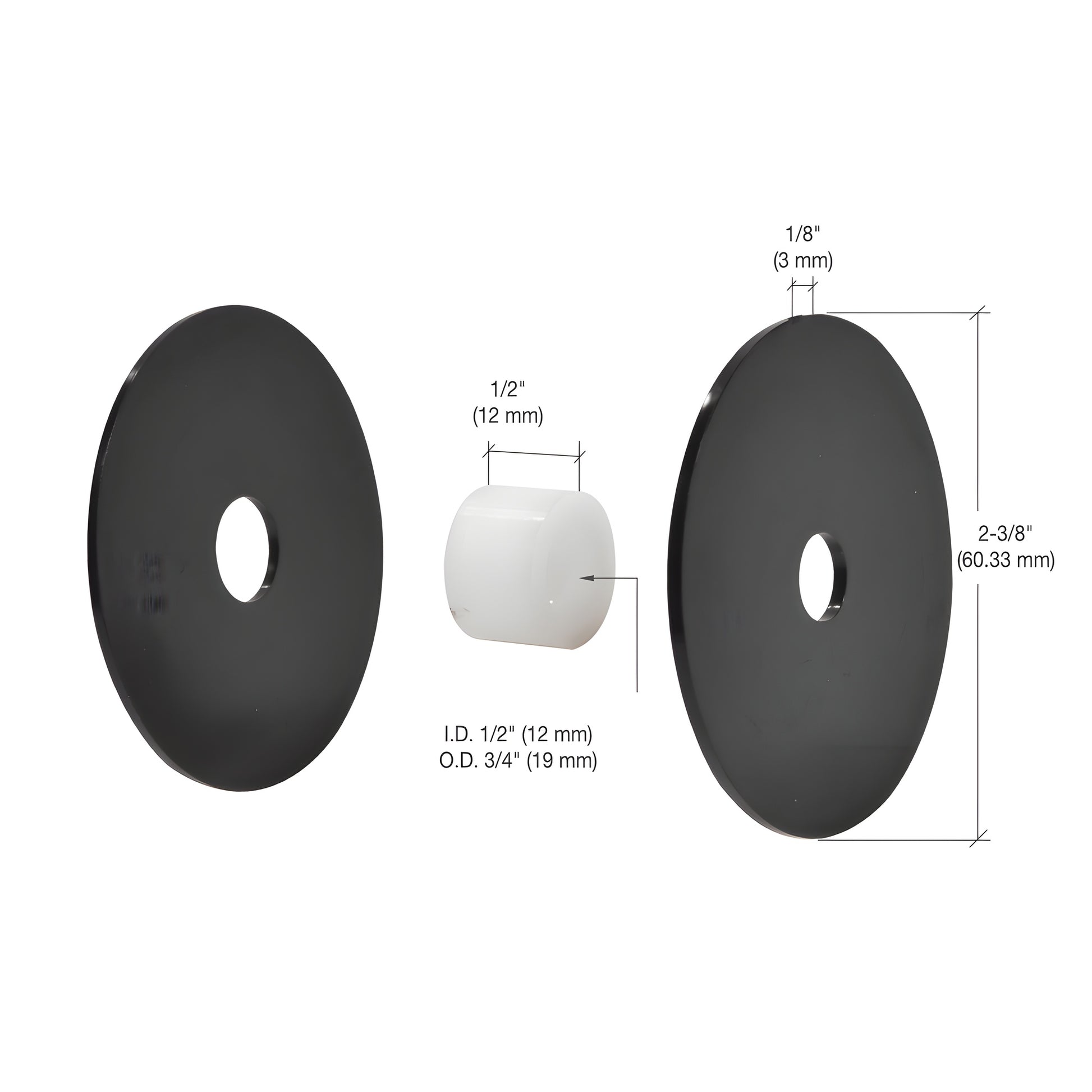 RS0BRG2 gasket set: two black 60mm plastic washers and one white soft-plastic grommet for standoff railing.