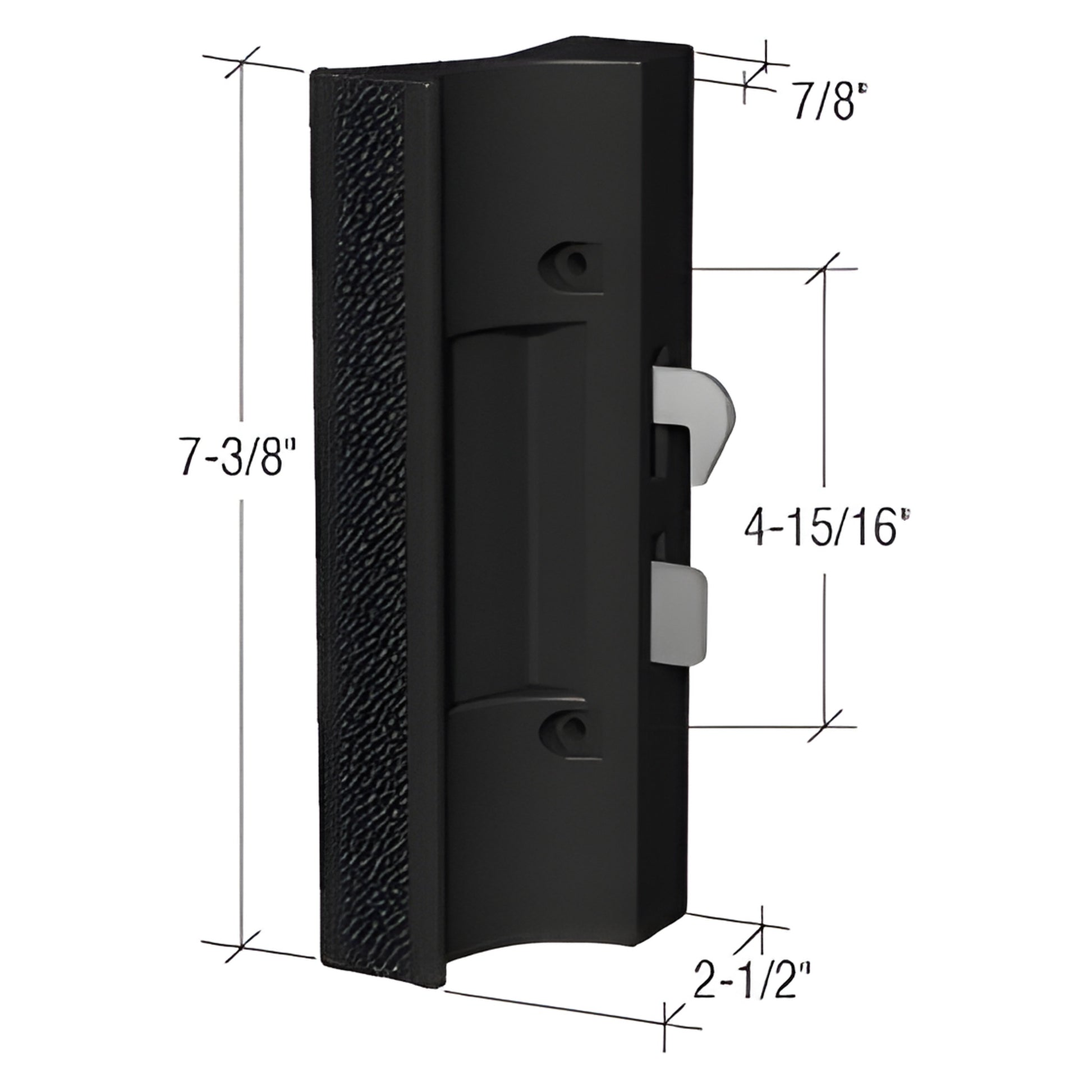 Black polycarbonate surface-mount sliding glass door handle with hook latch, 7-3/8 7/8 21 2 in - SKU C1216