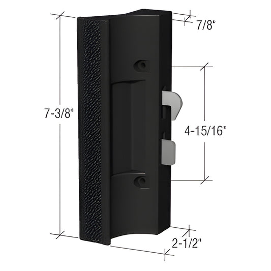 Black polycarbonate surface-mount sliding glass door handle with hook latch, 7-3/8 7/8 21 2 in - SKU C1216