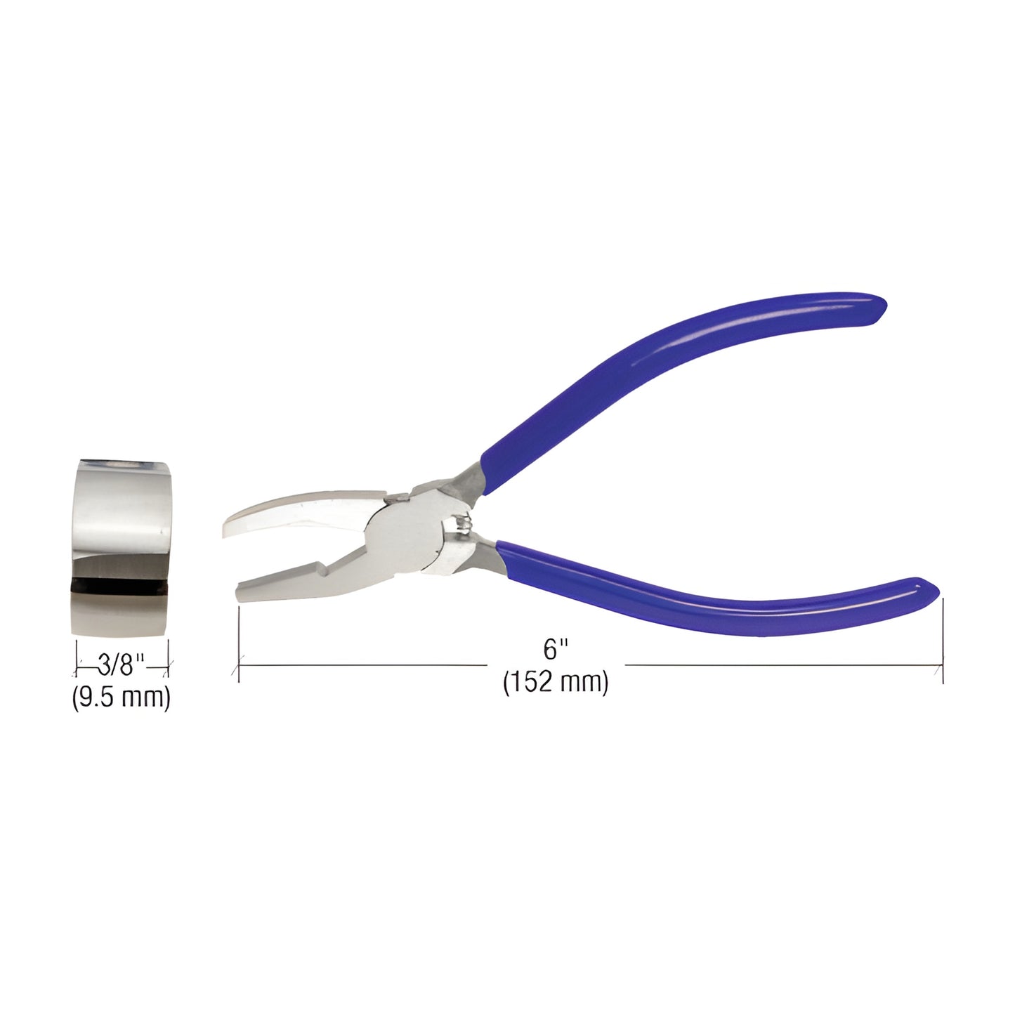 GC6 6" soft-nose glass pliers with polished head and blue vinyl cushioned handles, 3/8" top jaw for 1/8" glass