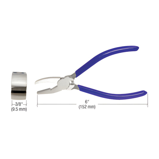 GC6 6" soft-nose glass pliers with polished head and blue vinyl cushioned handles, 3/8" top jaw for 1/8" glass