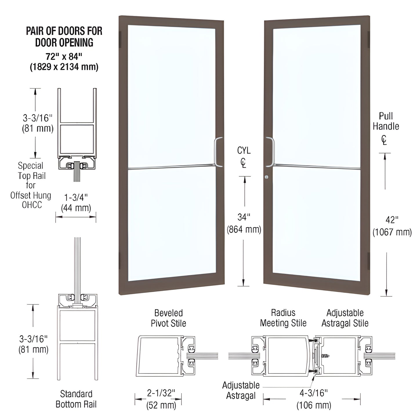 CRL narrow-stile aluminum entrance doors, pair (SKU DC22422), black bronze anodized frames with large tempered glass panels.