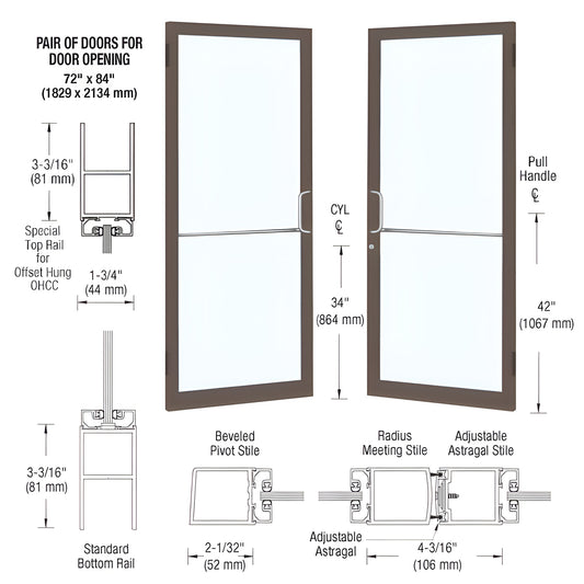 CRL narrow-stile aluminum entrance doors, pair (SKU DC22422), black bronze anodized frames with large tempered glass panels.