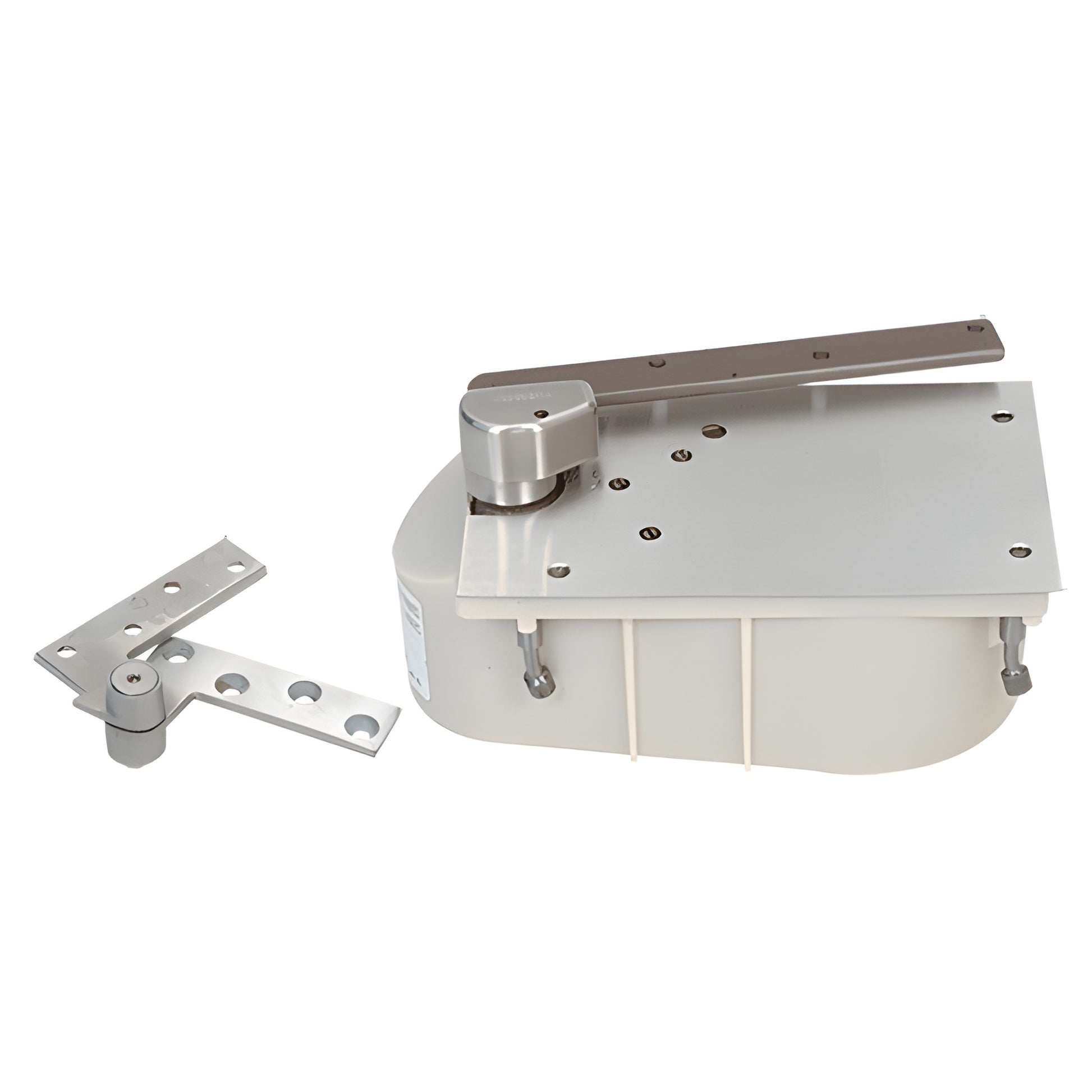 Rixson floor-mounted door closer, satin chrome offset model with bottom arm and pivot, SKU 27105SH0RHSC