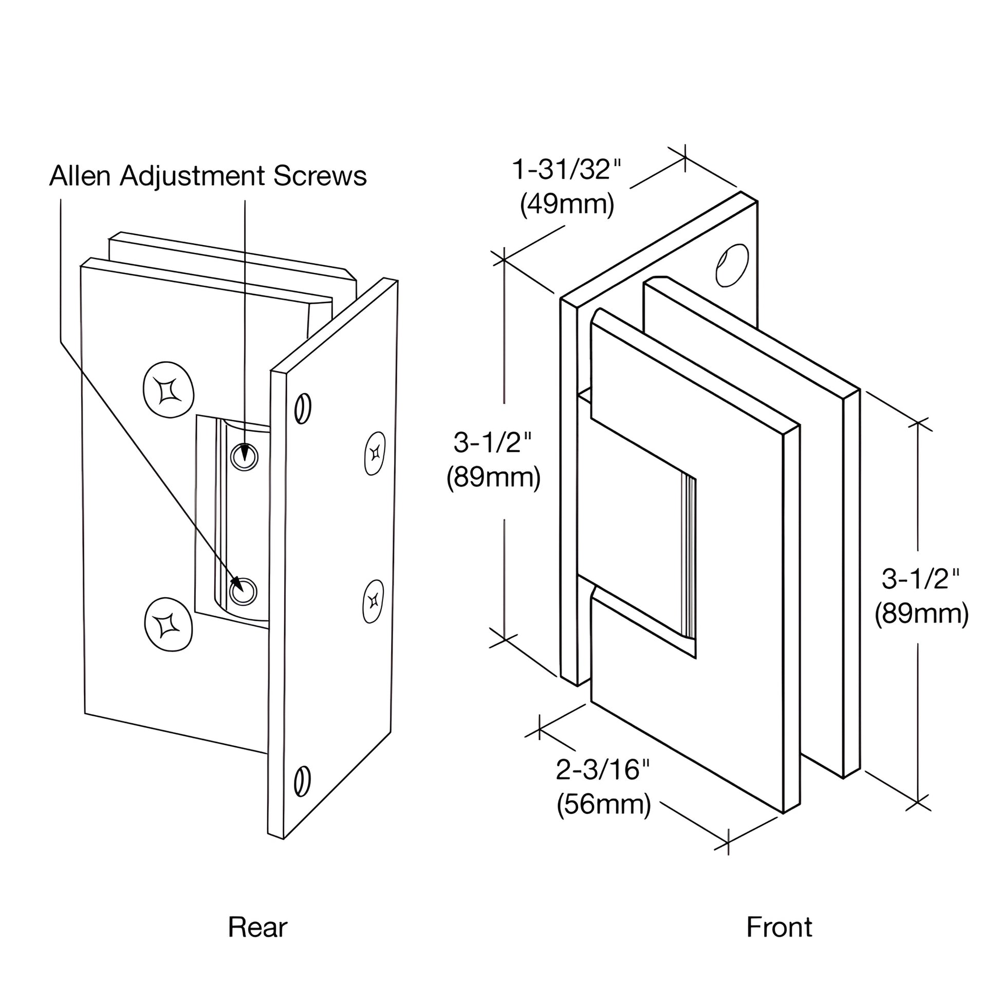 GEN344BR polished brass adjustable Geneva shower door hinge, solid brass square-edge wall-mount for 8-12mm glass.