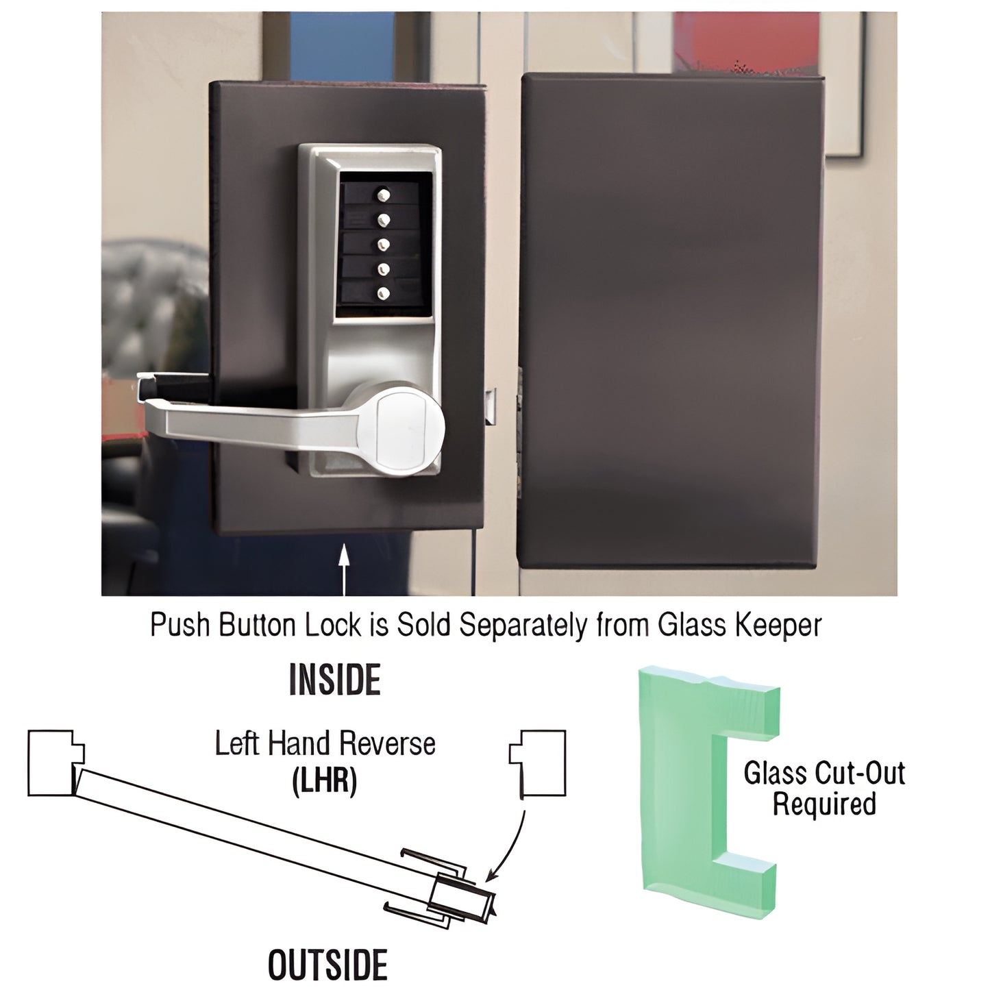 DL611LCDU 6x10 black bronze center lock deadlatch on 1/2" glass door, left-hand reverse, silver lever and push-button keypad.