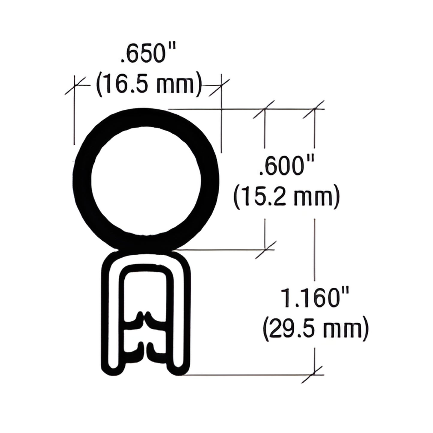 Black CRL Trim Seal profile SKU 75001361 - 0.650" (16.5 mm) wide neoprene edge gasket with flexible segmented steel core