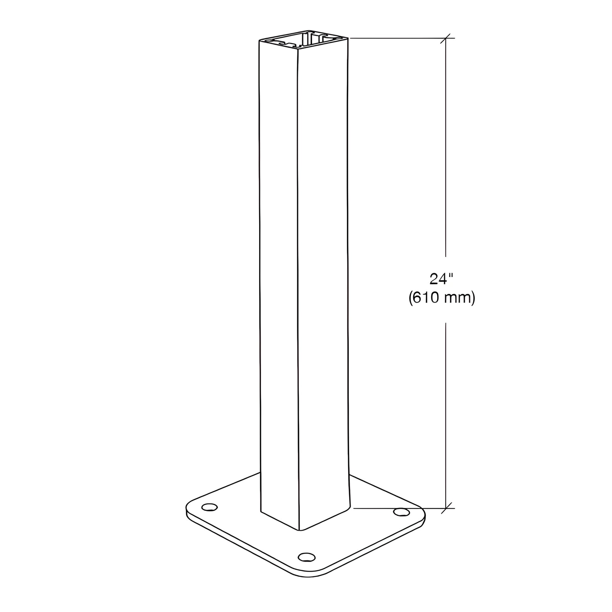Silver metallic aluminum surface-mount stanchion, PSTBP8S - 1-1/2" x 2" x 24", baseplate for 2-3/8" post.