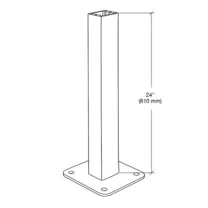Silver metallic aluminum surface-mount stanchion, PSTBP8S - 1-1/2" x 2" x 24", baseplate for 2-3/8" post.