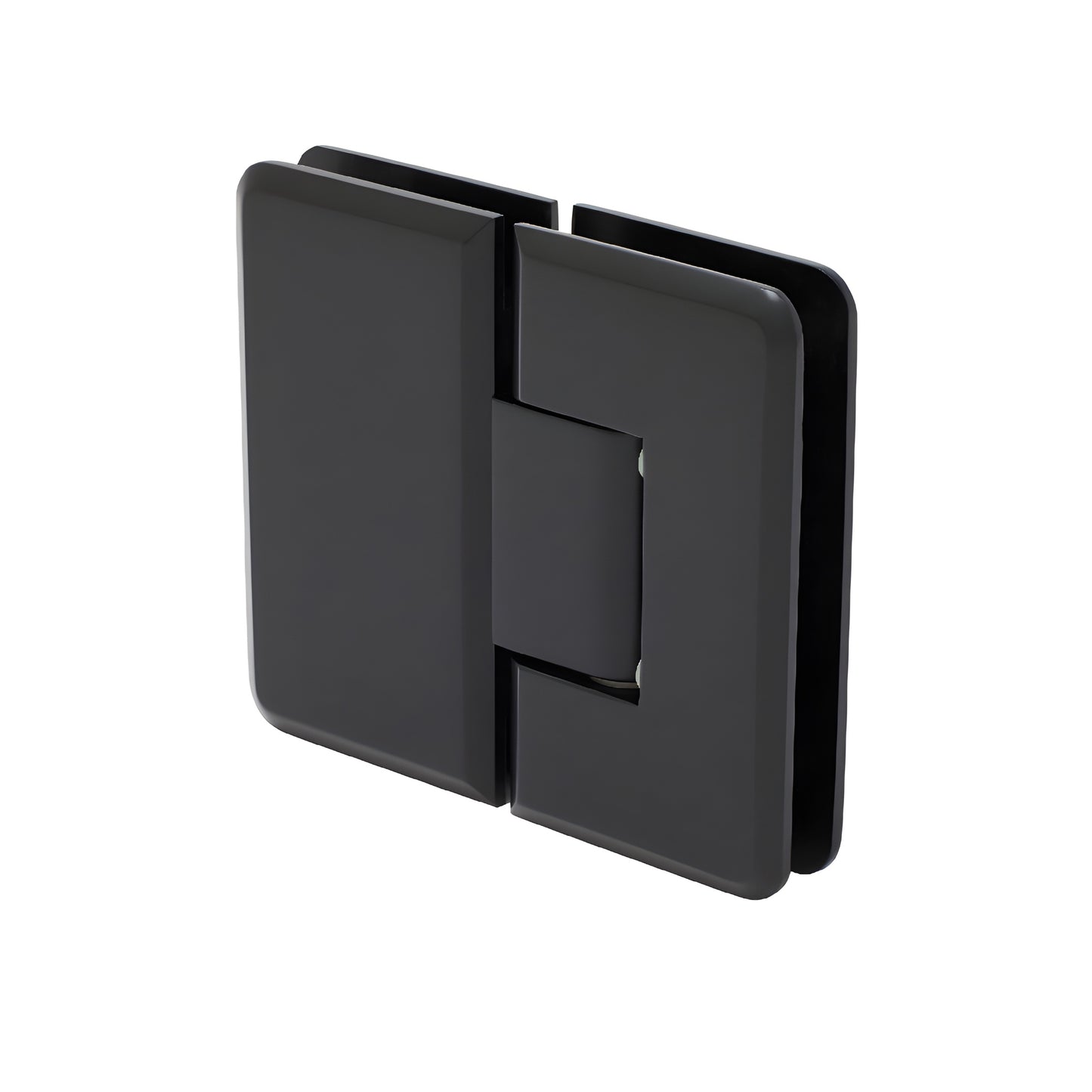 Matte black Cologne 180 glass-to-glass shower hinge, brass with beveled edges and rounded corners, fits 3/8-1/2" glass.