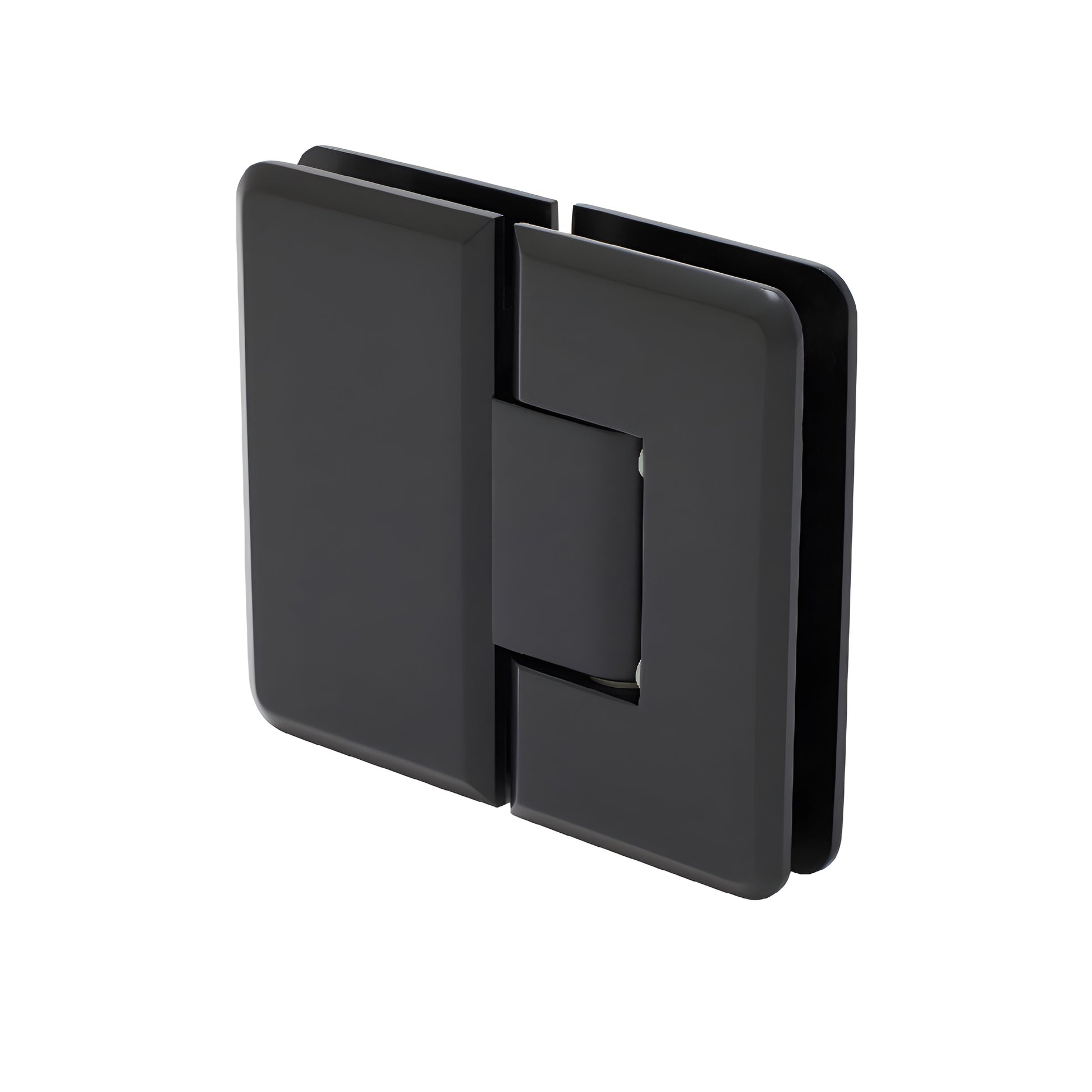 Matte black Cologne 180 glass-to-glass shower hinge, brass with beveled edges and rounded corners, fits 3/8-1/2" glass.