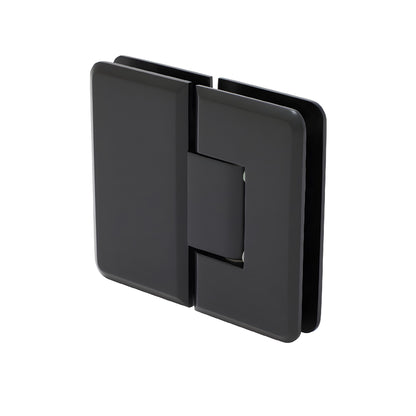 Matte black Cologne 180 glass-to-glass shower hinge, brass with beveled edges and rounded corners, fits 3/8-1/2" glass.