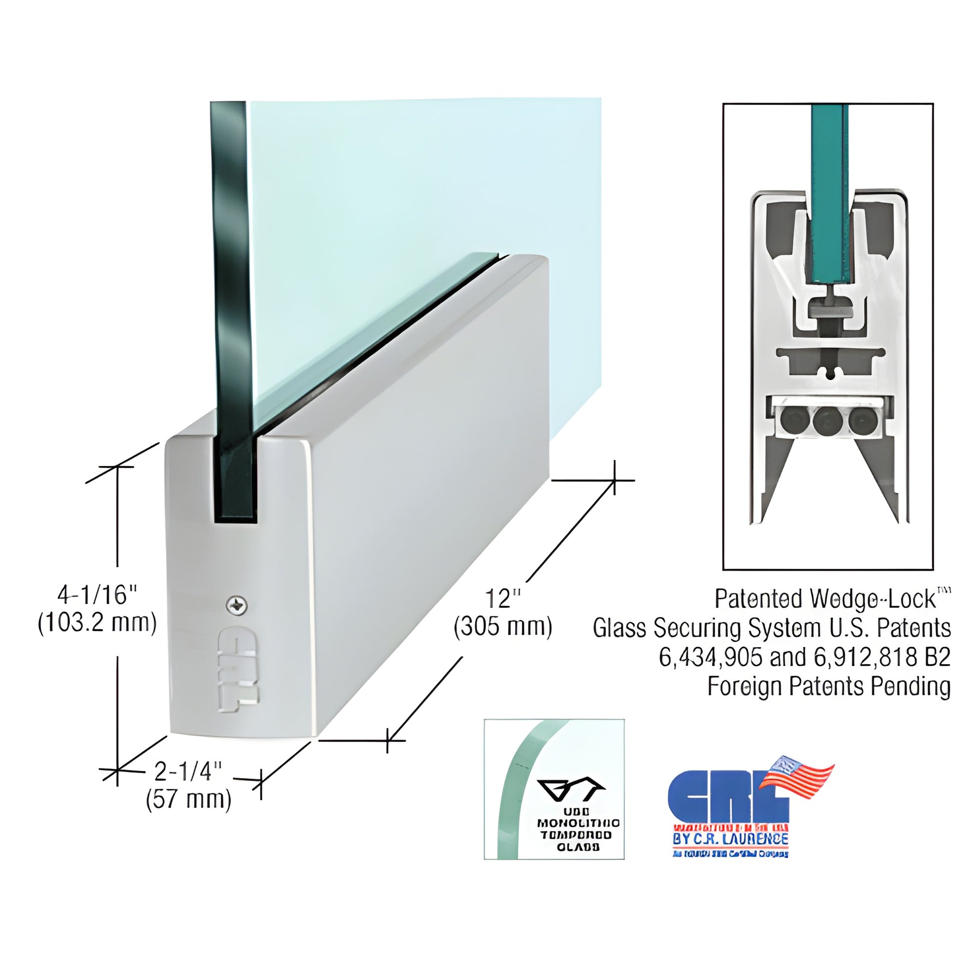 Brushed stainless 12" Wedge-Lock door rail for 5/8" tempered glass, 4-1/16" H x 2-1/4" W (SKU DR4SBS58P)