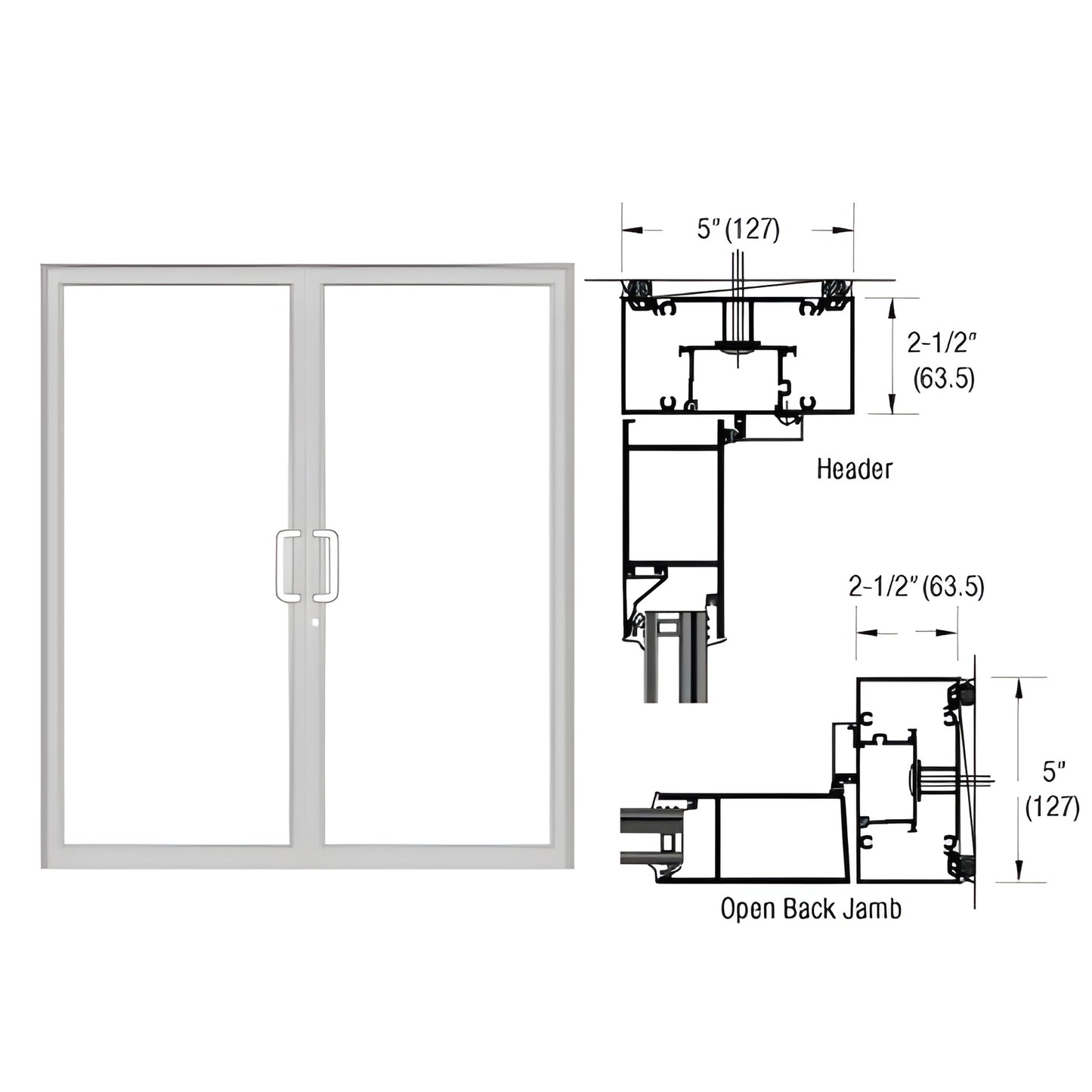 Clear anodized double impact door frame for pair of butt-hinged doors, technical sections and dimensions - SKU 0F72511