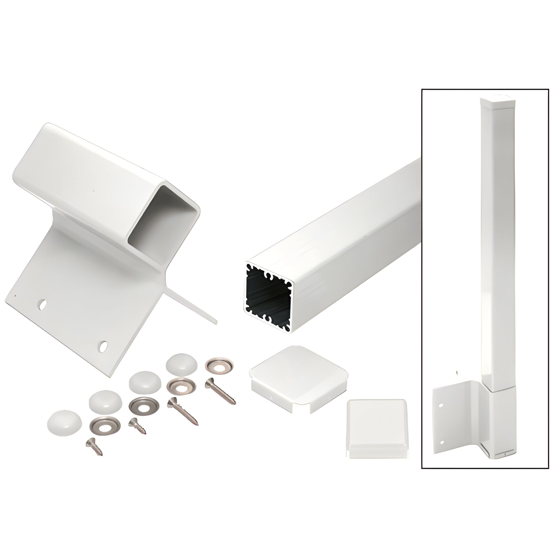Sky White 90 fascia-mount 2-3/8 in square aluminum post kit with bracket, cap, screws, covers SKU 1FP936KW