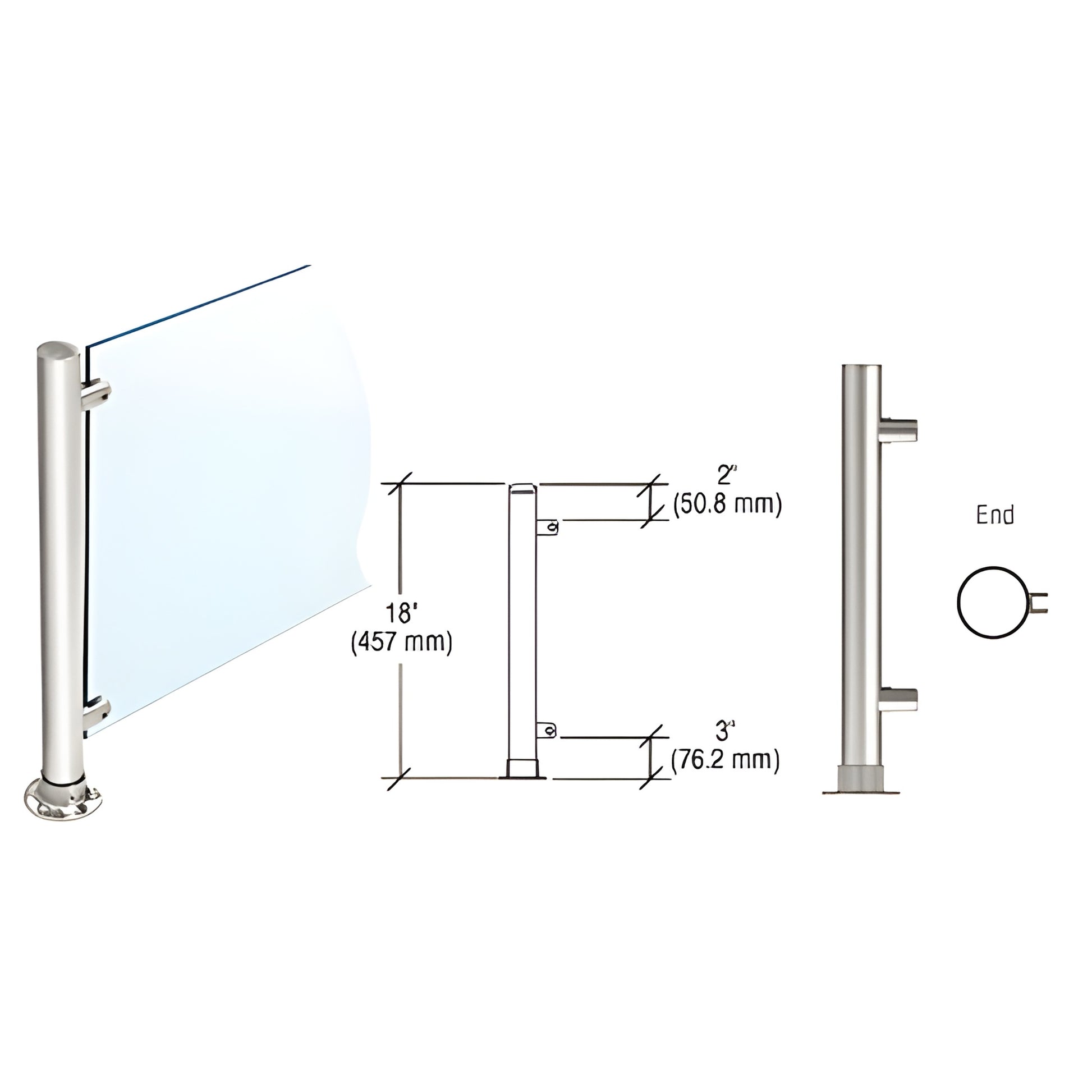 18 in stainless steel round partition post with flat cap, adhesive round flange and glass standoffs (PP45EPS)